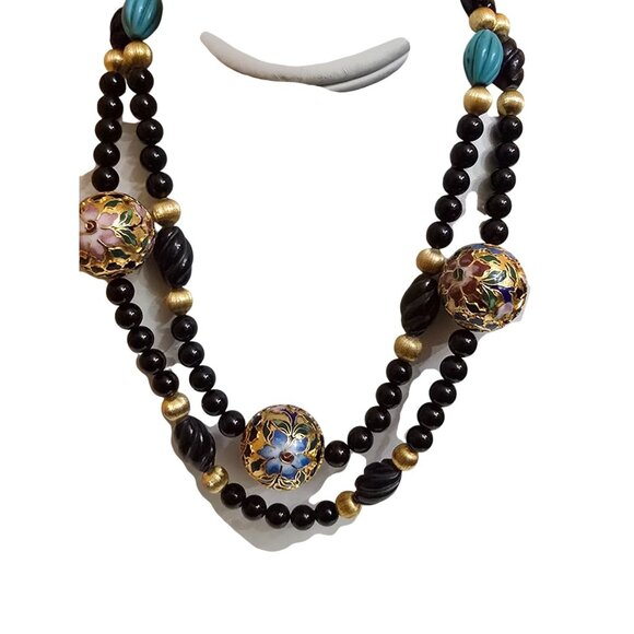 Vintage Signed Glass And Cloisonne Beautiful Double Strand Necklace (A9425) - Picture 2 of 5